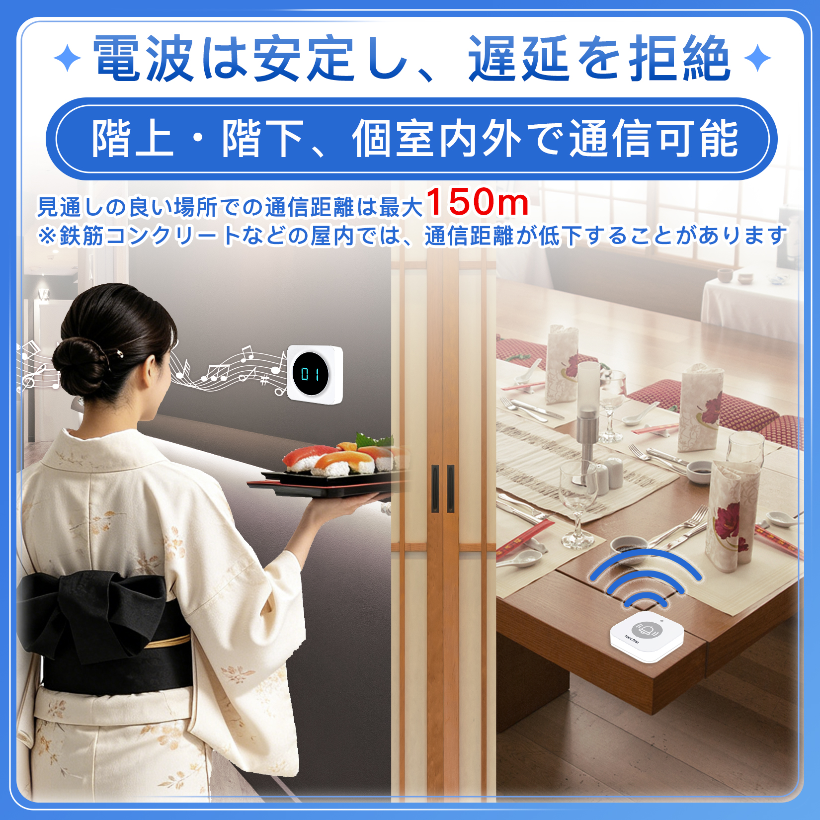 呼び出しベル 飲食店 ワイヤレスチャイム 遠距離 小型軽量設計 呼び鈴 卓上ベル 業務用 IP55防水 居酒屋 美容院 介護施設 病院 受付カウンター 工事不要【子機2台】